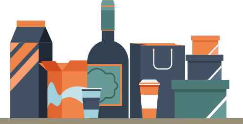 An illustration of various types of packaging in shades of dark blue, teal, and orange