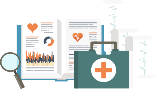 An open medical textbook, magnifying glass, doctor's bag, and EKG charts