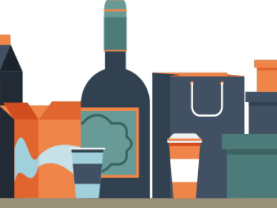 An illustration of various types of packaging in shades of dark blue, teal, and orange