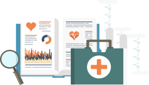 An open medical textbook, magnifying glass, doctor's bag, and EKG charts